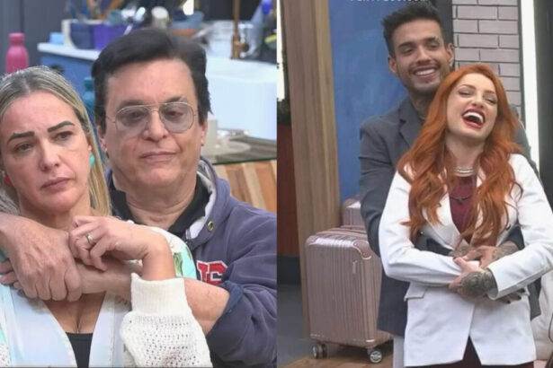 Montagem com Andreia e Nahim encostados no móvel sala demonstrado estarem chateados e Matheus e Brenda na mesma sala do Power Couple Brasil sorrindo