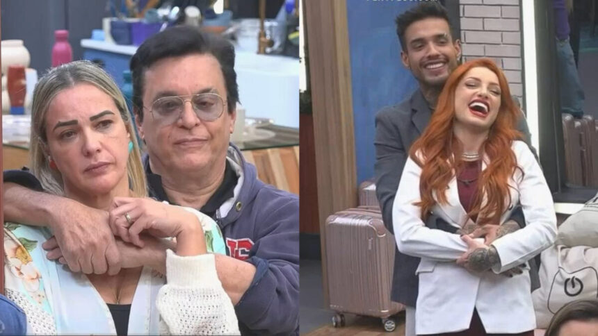 Montagem com Andreia e Nahim encostados no móvel sala demonstrado estarem chateados e Matheus e Brenda na mesma sala do Power Couple Brasil sorrindo