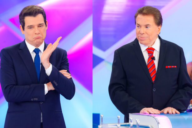 Celso Portiolli de terno, em montagem com Silvio Santos, também de terno nos estúdios do Programa Silvio Santos