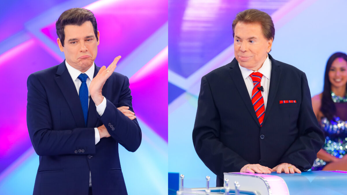 Celso Portiolli de terno, em montagem com Silvio Santos, também de terno nos estúdios do Programa Silvio Santos