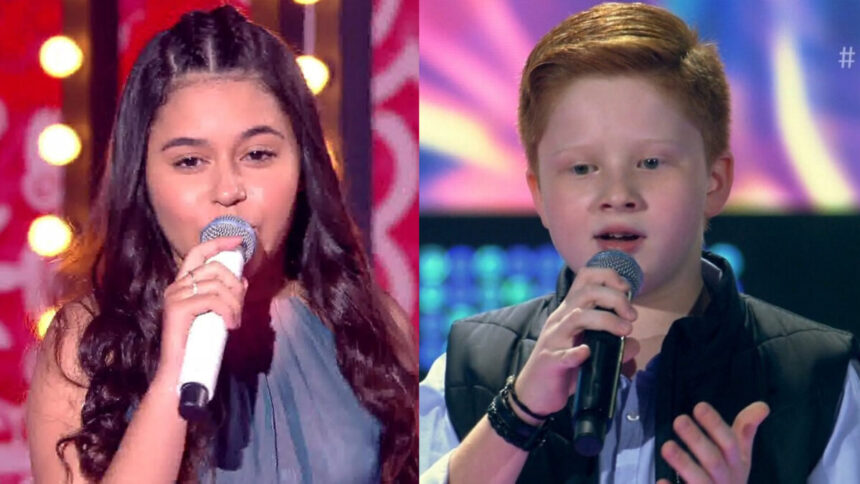 Eduarda Brasil e Gustavo Bardim se apresentando no The Voice Kids