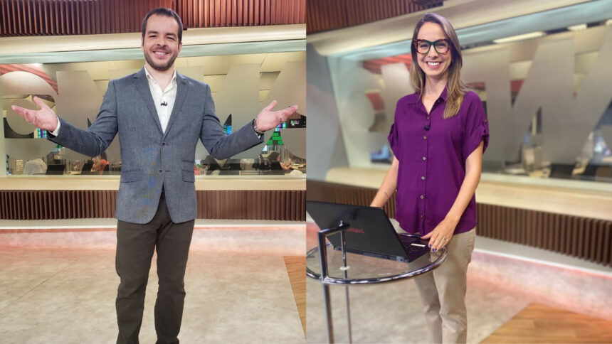 Montagem com Erick Bang e Narayanna Borges no cenário da GloboNews