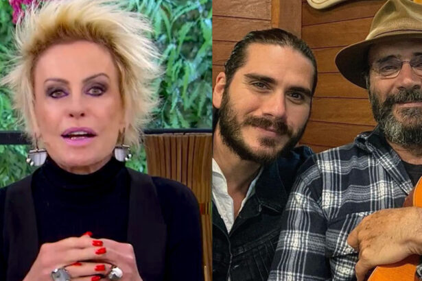 Montagem de Ana Maria Braga apresentando o Mais Você com foto dos atores Almir e Gabriel Sater nos bastidores de Pantanal