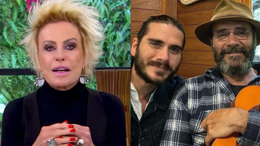 Montagem de Ana Maria Braga apresentando o Mais Você com foto dos atores Almir e Gabriel Sater nos bastidores de Pantanal