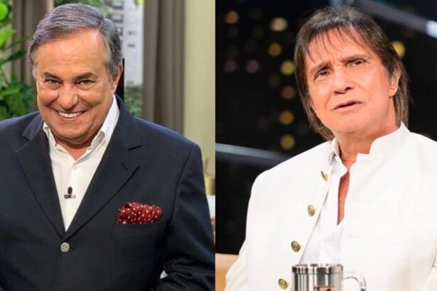 Montagem Ronnie Von sorrindo e Roberto Carlos assustado no Programa do Jô