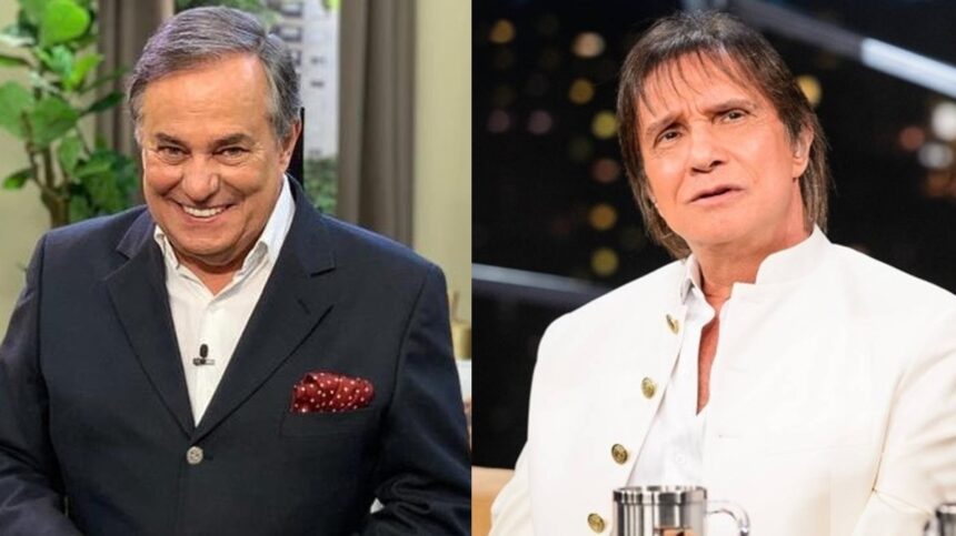 Montagem Ronnie Von sorrindo e Roberto Carlos assustado no Programa do Jô