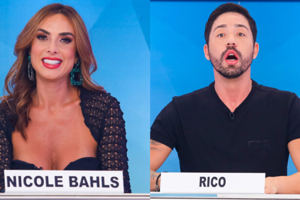 Nicole Bahls e Rico Melquiades em montagem, com trechos de suas participações no quadro Jogo dos Pontinhos no Programa Silvio Santos