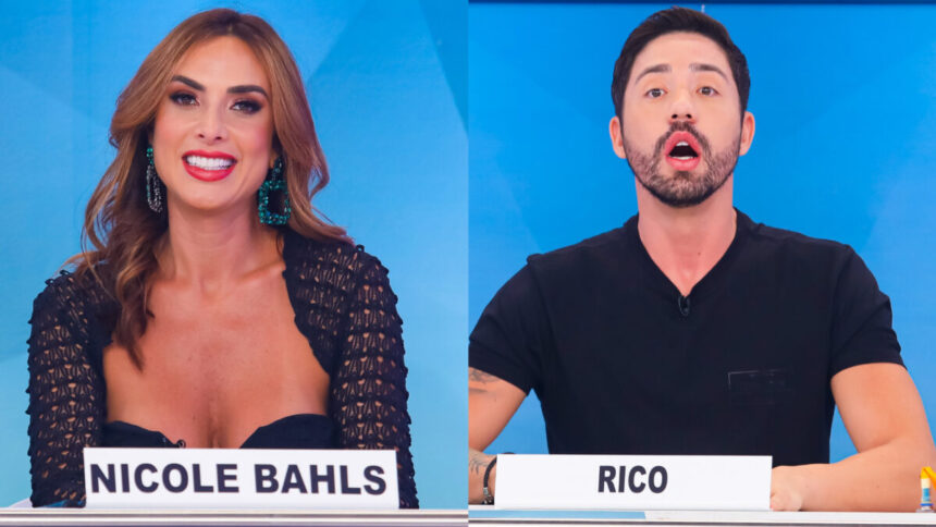 Nicole Bahls e Rico Melquiades em montagem, com trechos de suas participações no quadro Jogo dos Pontinhos no Programa Silvio Santos