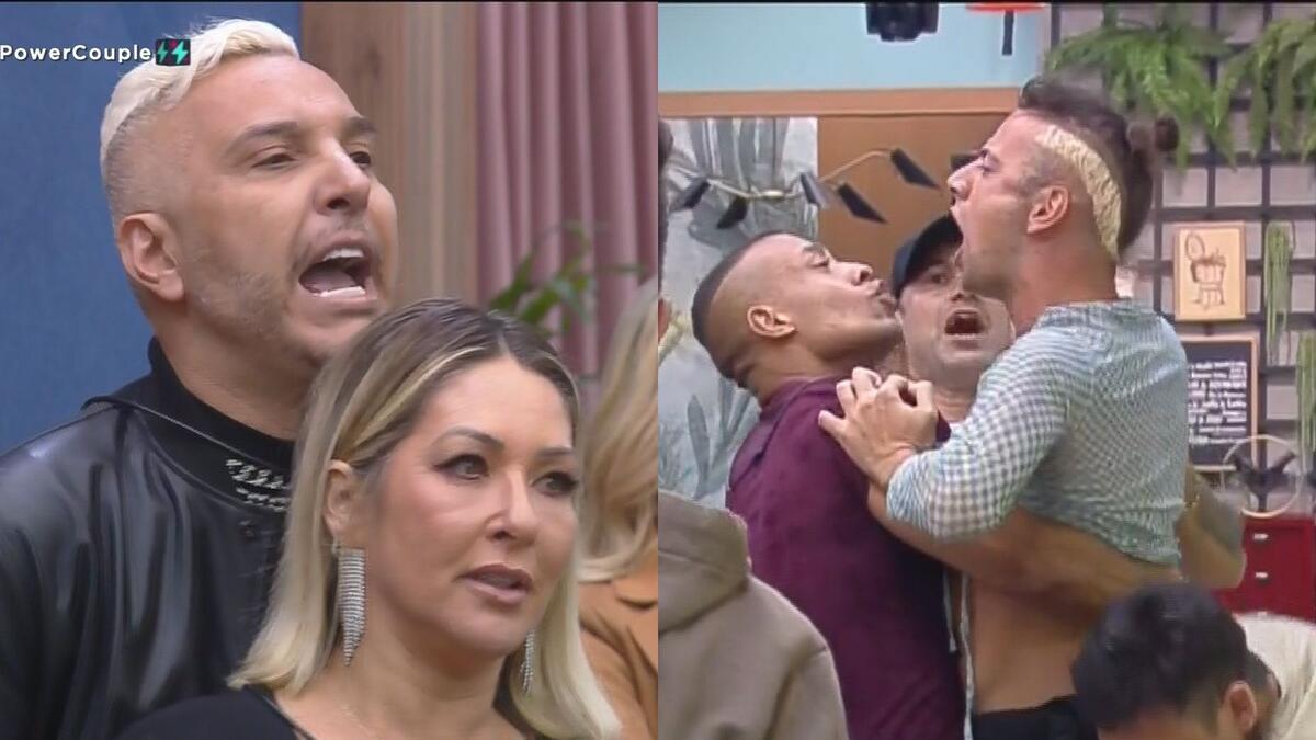 Rogério sendo segurado por Baronesa na briga com Cartoluco, que está sendo contido por Mussunzinho.