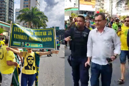 Montagem com fotos dos bolsonaristas hostilizando o repórter da Record TV que deixa o local dos protestos escoltado por dois policiais