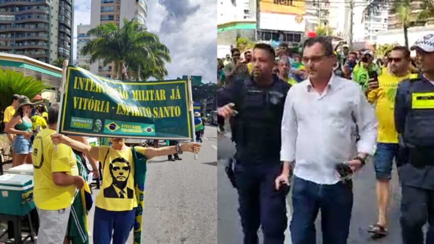 Montagem com fotos dos bolsonaristas hostilizando o repórter da Record TV que deixa o local dos protestos escoltado por dois policiais