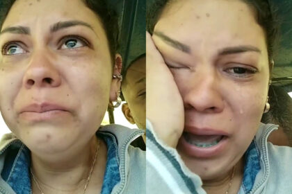 Erika Trindade enxugando as lágrimas enquanto grava stories ilhada nas fortes chuvas de Pernambuco