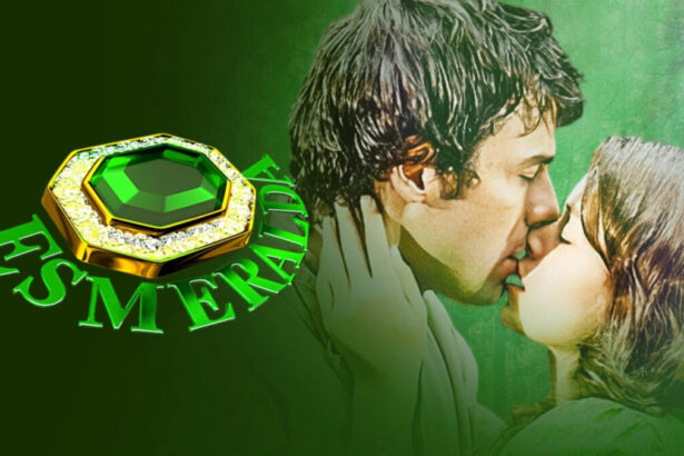 Logo da novela Esmeralda e os protagonistas do folhetim do SBT