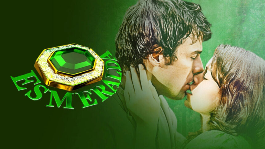 Logo da novela Esmeralda e os protagonistas do folhetim do SBT