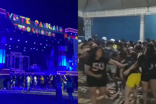 Montagem com o palco de Ivete Sangalo e os fãs da cantora invadindo o local em Jusário, na Bahia