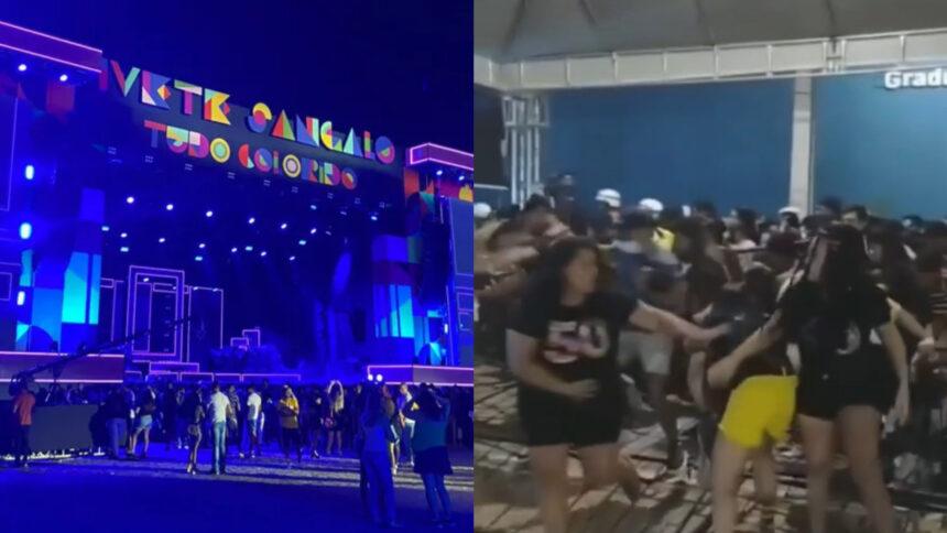 Montagem com o palco de Ivete Sangalo e os fãs da cantora invadindo o local em Jusário, na Bahia