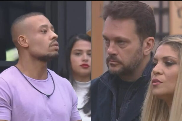 Montagem com Mussunzinho na sala do Power Couple Brasil conversando com Albert e Adryana