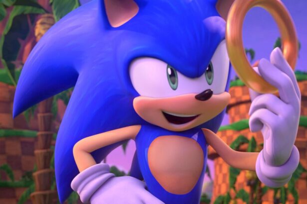 Sonic pega um anel dourado nas mãos