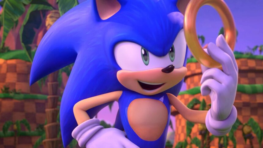 Sonic pega um anel dourado nas mãos