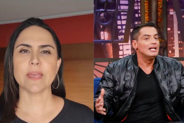 Montagem com Carla Cecato em live e Leo Dias no cenário do The Noite no SBT