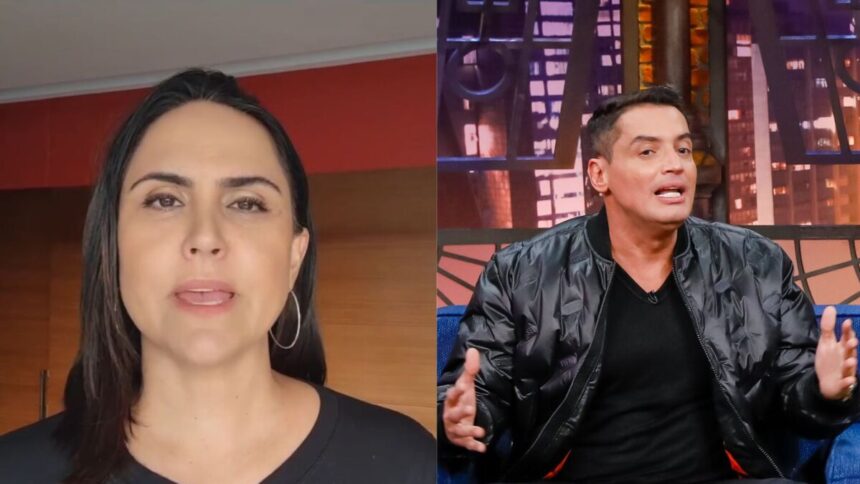 Montagem com Carla Cecato em live e Leo Dias no cenário do The Noite no SBT