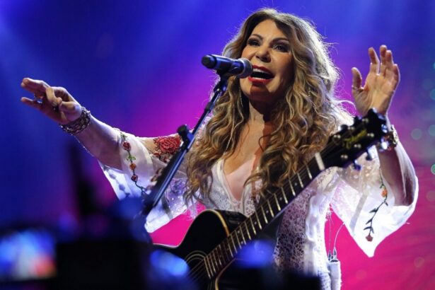 Elba Ramalho em trecho de um show, com o violão