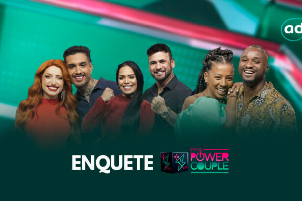 Arte de divulgação da enquete da 8ª DR do Power Couple Brasil 6 com Brenda e Matheus, Eliza e Hadballa e Michele e Passa