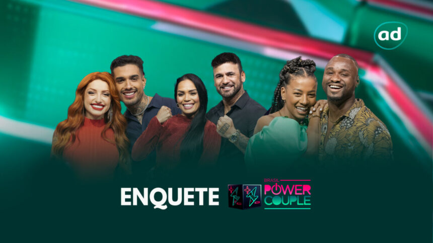 Arte de divulgação da enquete da 8ª DR do Power Couple Brasil 6 com Brenda e Matheus, Eliza e Hadballa e Michele e Passa