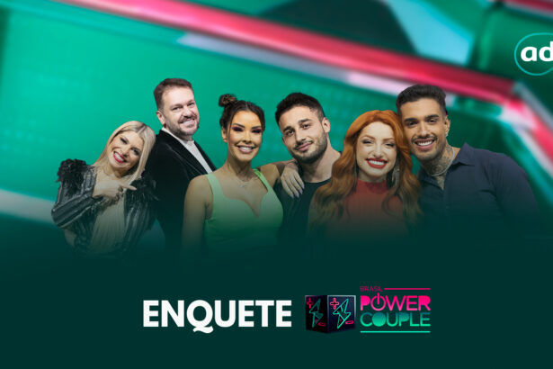 Adryana e Albert, Ivy e Nandinho e Brenda e Matheus na arte de divulgação da 5ª enquete do Power Couple Brasil 6