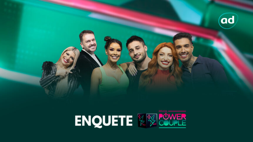 Adryana e Albert, Ivy e Nandinho e Brenda e Matheus na arte de divulgação da 5ª enquete do Power Couple Brasil 6