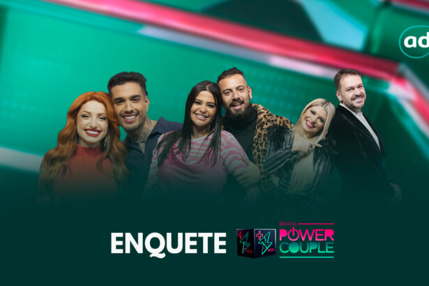 Brenda e Matheus, Gabi e Cartolouco, Adryana e Albert na arte de divulgação da enquete do Power Couple Brasil 6