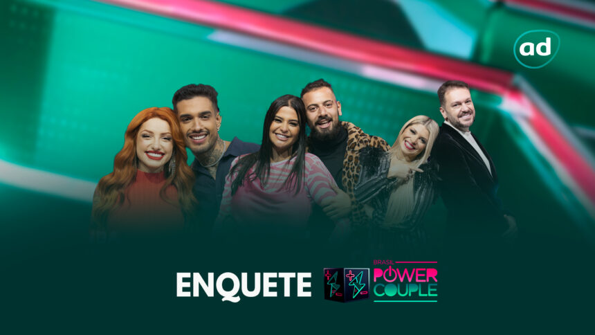 Brenda e Matheus, Gabi e Cartolouco, Adryana e Albert na arte de divulgação da enquete do Power Couple Brasil 6