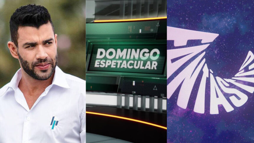 Montagem com Gusttavo Lima e os logos do Domingo Espetacular e do Fantástico