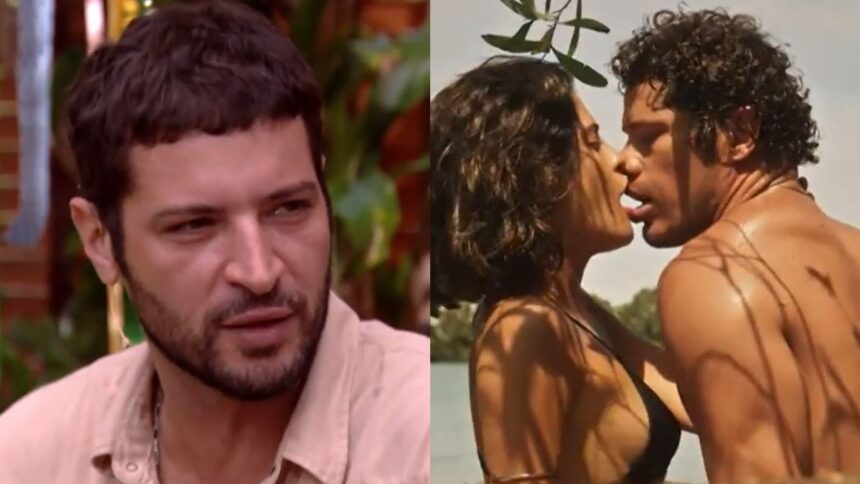 Ator Leandro Lima em montagem com a cena do beijo entre Tadeu e Guta em Pantanal