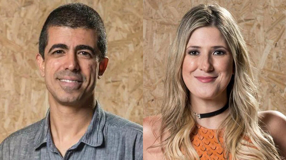 Marcius Melhem de camisa cinza, sorrindo; Dani Calabresa, de camisa laranja e colar preto, sorrindo