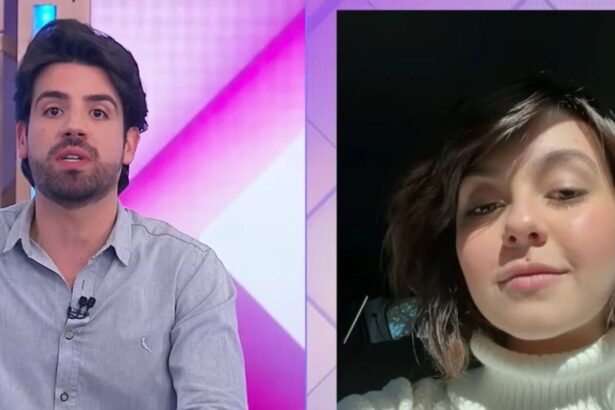 Matheu Baldi nos estúdios do Fofocalizando no SBT, dividindo tela com imagens da atriz Klara Castanho