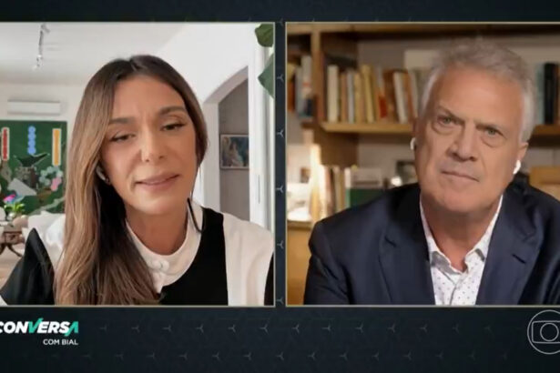 Mônica Martelli e Pedro Bial, em trecho do Conversa com Bial via videoconferência