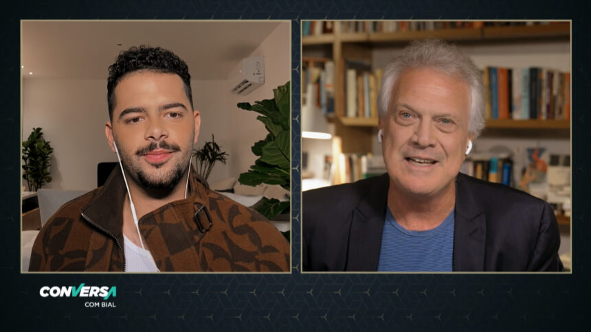 Pedro Sampaio e Pedro Bial em trecho do Conversa com Bial, gravado via videoconferencia