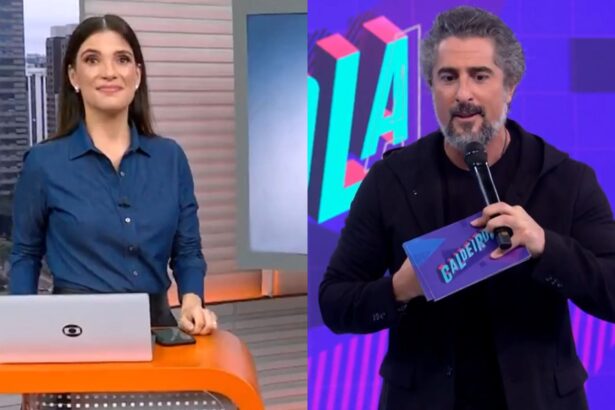 Sabina Simonato no SP1 em montagem com Marcos Mion nos estúdios do Caldeirão