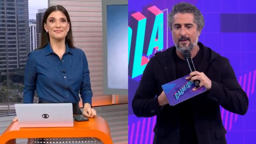 Sabina Simonato no SP1 em montagem com Marcos Mion nos estúdios do Caldeirão