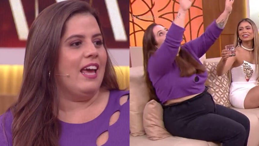 Tati Machado no Encontro, em montagem com ela levantando os braços após engasgar ao vivo