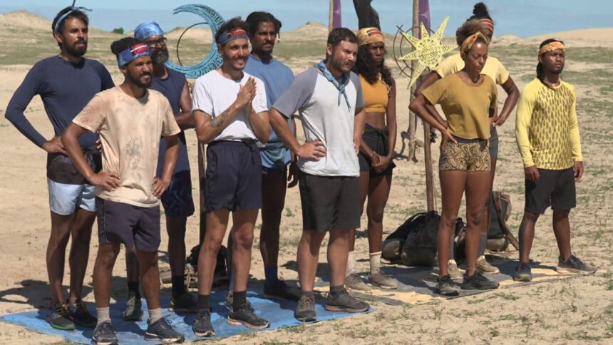 Ninha, Flávia, Lucas, Victor, Janaron, Ipojucan, Pedro, Andrea, Clécio e Charles durante gravação da 15ª prova de imunidade de No Limite, da TV Globo