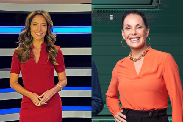 Montagem de Paloma Poeta no estúdio do Jornal da Record e Carolina Ferraz no estúdio do Domingo Espetacular