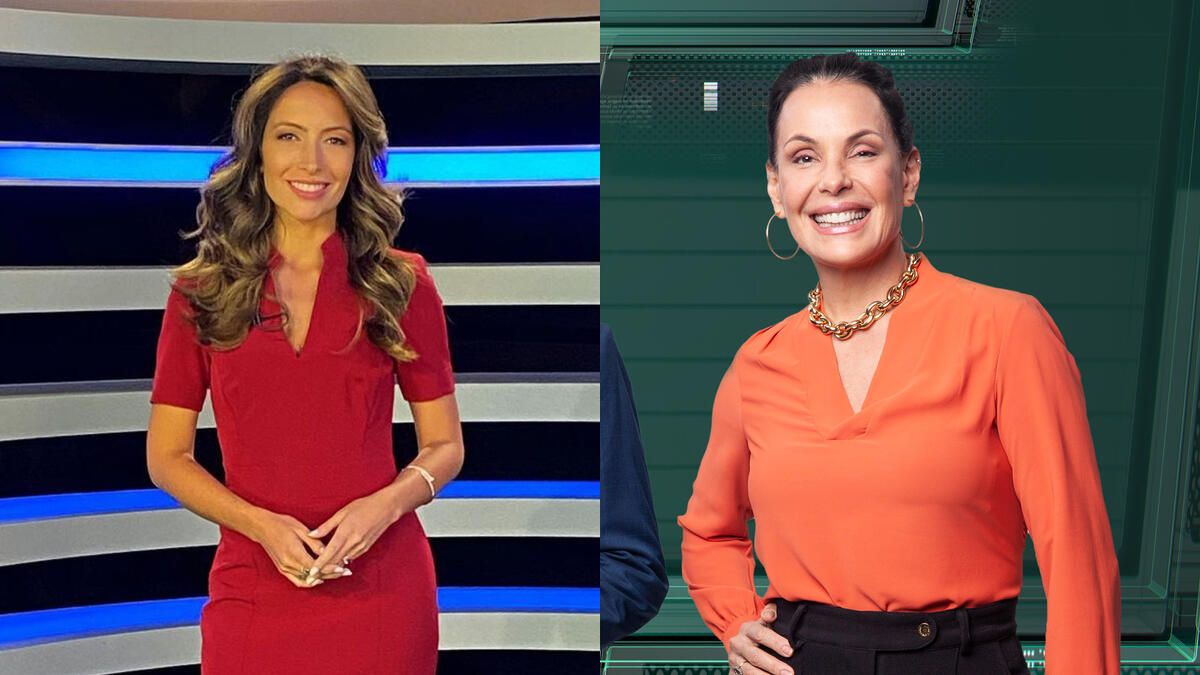 Montagem de Paloma Poeta no estúdio do Jornal da Record e Carolina Ferraz no estúdio do Domingo Espetacular
