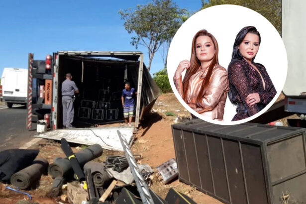 Caminhão com instrumentos da cantora Maiara e Maraisa tombado na BR