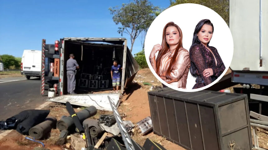 Caminhão com instrumentos da cantora Maiara e Maraisa tombado na BR