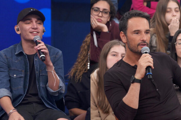 Montagem com João Gomes e Rodrigo Santoro no palco do Altas Horas