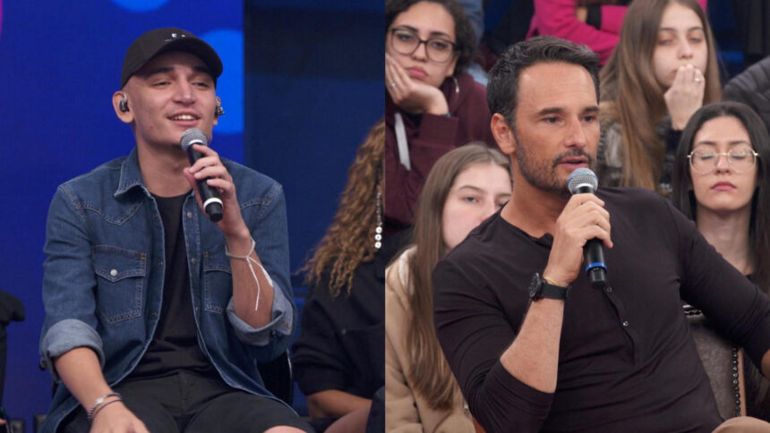 Montagem com João Gomes e Rodrigo Santoro no palco do Altas Horas