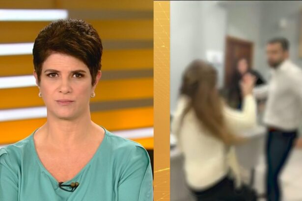 Montagem com Mariana Godoy no Fala Brasil e vídeo do procurado agredindo a procuradora-geral de Registro