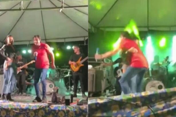 Montagem com os homens dançando no palco que desabou em festa junina na bahia